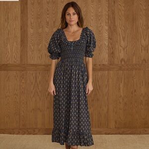 Rylee + Cru Navy and Gold Patterned Maxi Dress